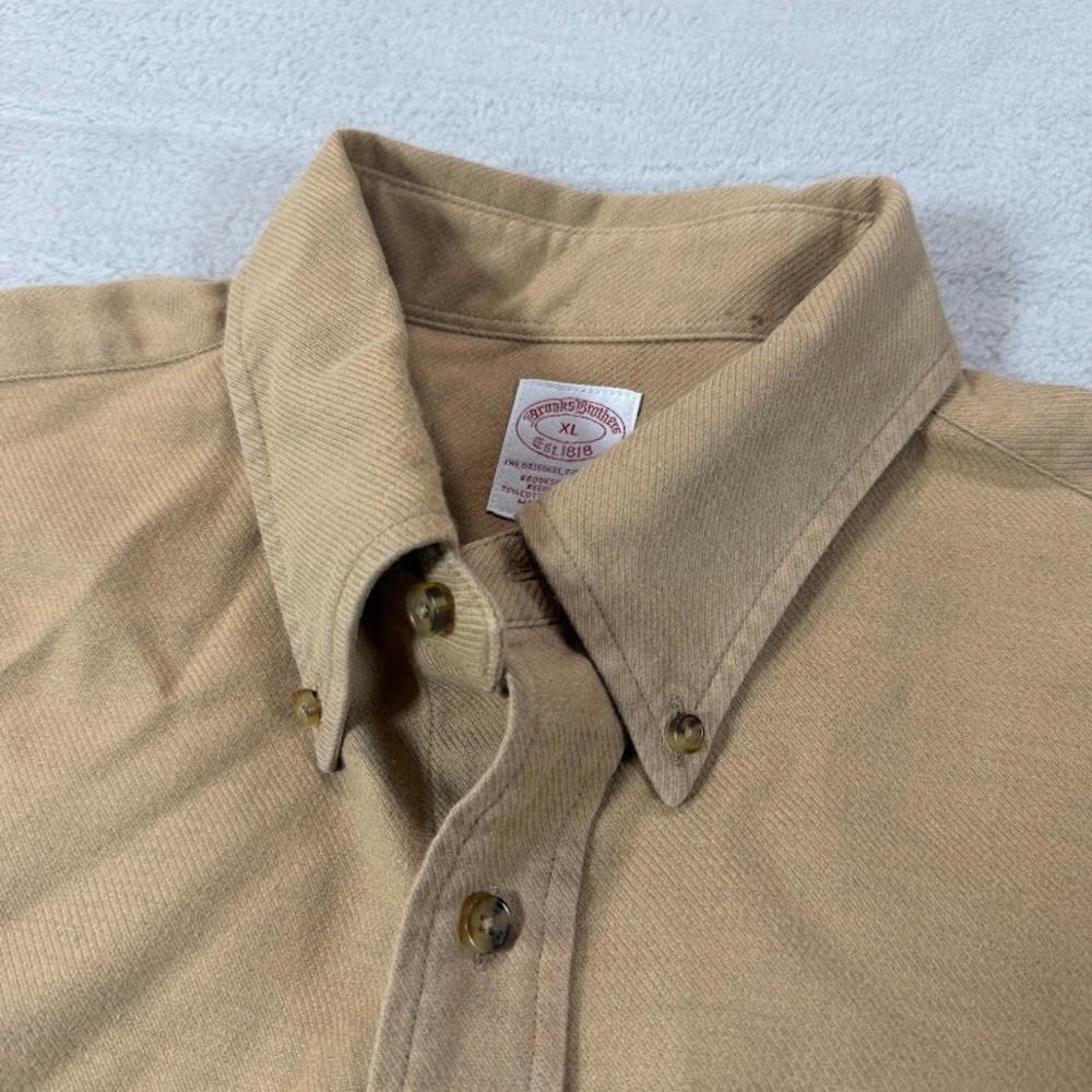 Brooks Brothers 1818 Flannel Shirt Mens XL Wool Blend Collar Elbow Patches Beige - Picture 3 of 8